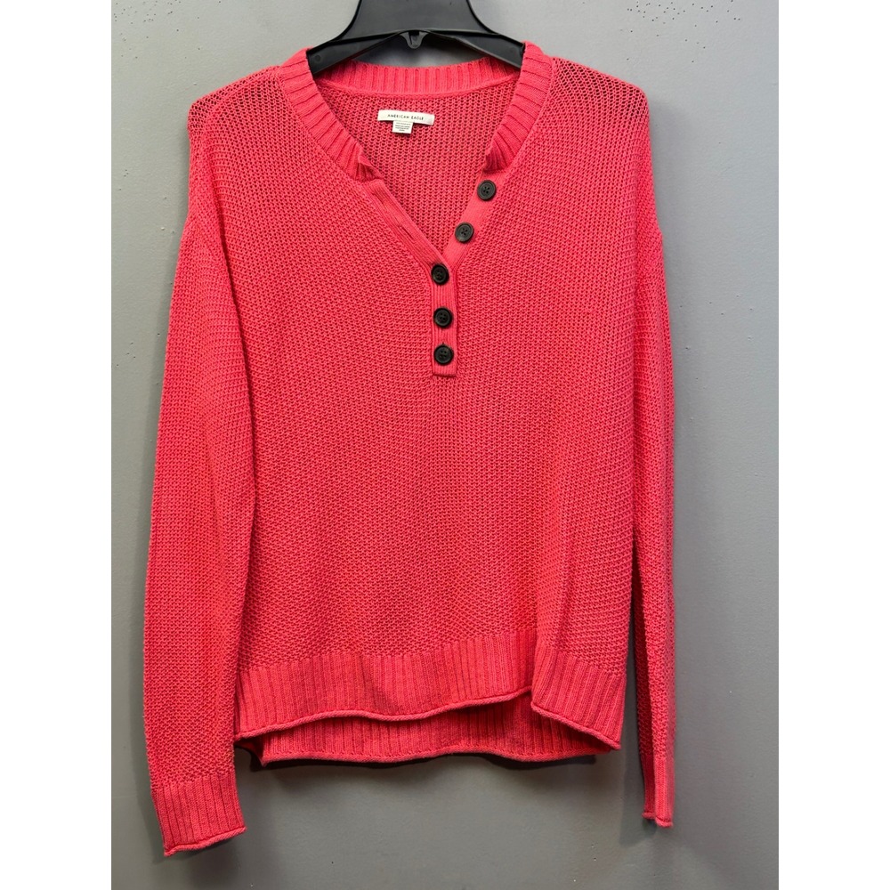 American Eagle Sweater Womens XS Coral Pink Henley Button V-Neck Open Knit Relax